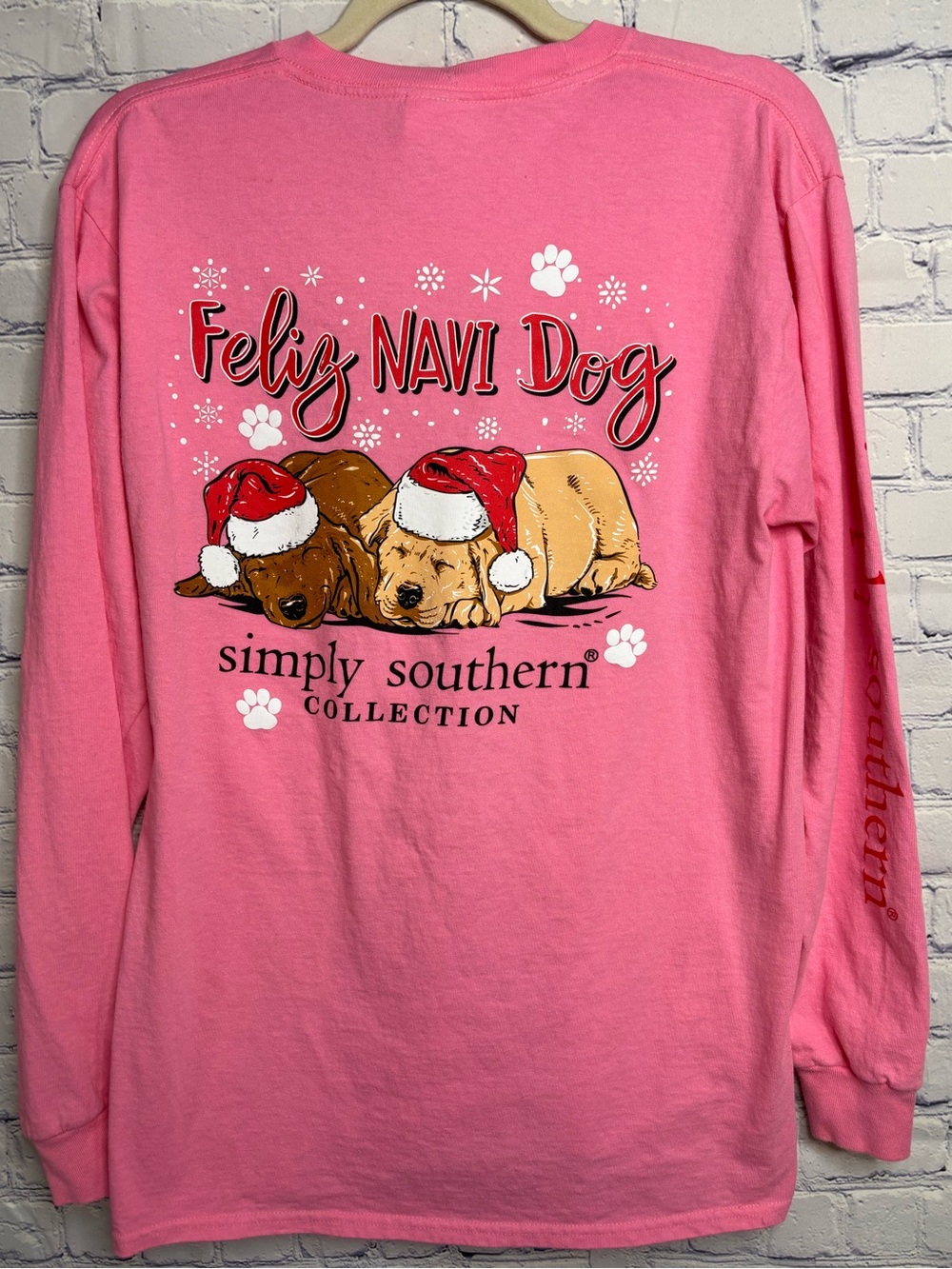 Simply Southern Pink Feliz Navi Dog Holiday Cottagecore Long Sleeve T-Shirt M